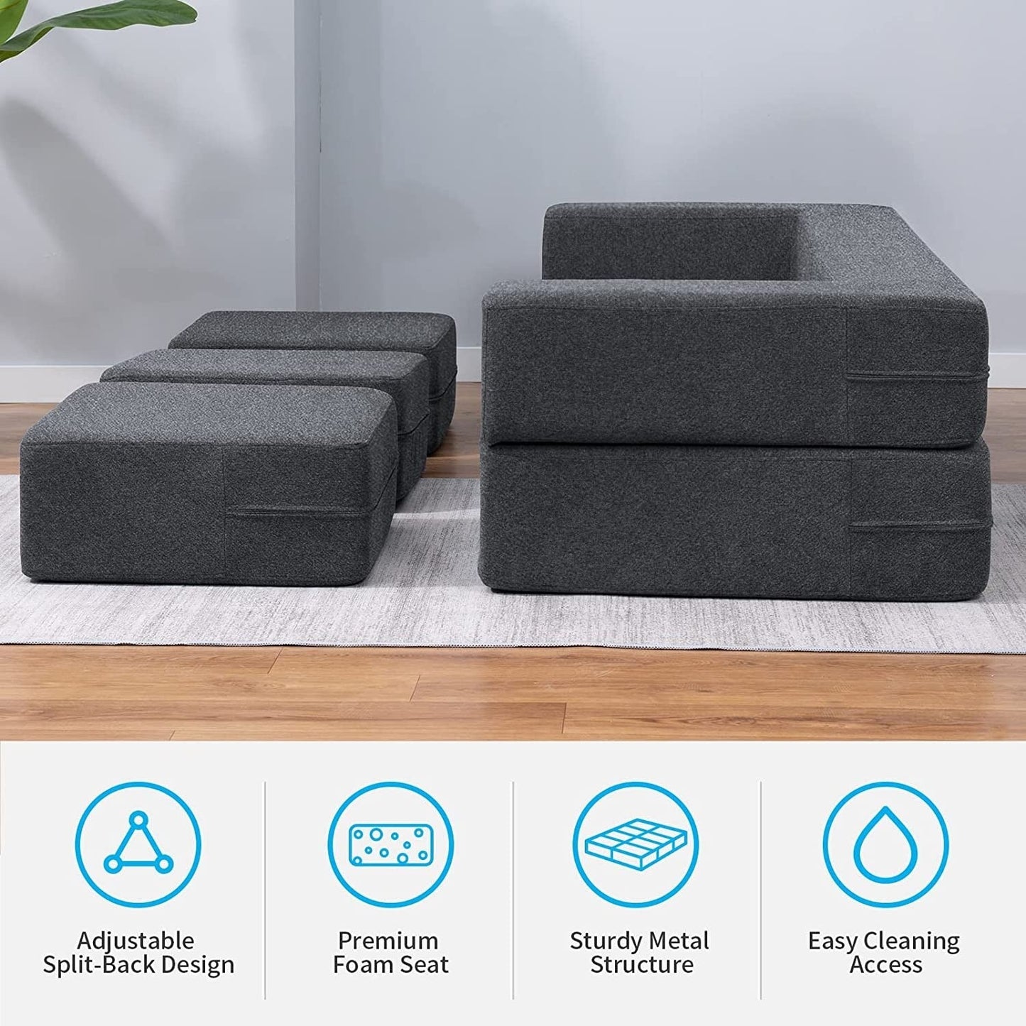 Mixoy Queen Convertible Velvet Futon Sofa Bed with 3 Ottomans,Memory Foam,Foldable Mattress Floor Couch Sofa