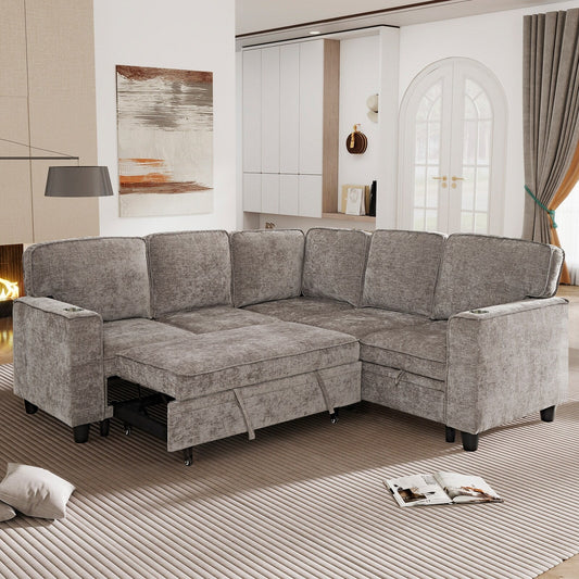 Modern Chenille L-Shaped 5-Seat Sectional Sofa Bed with Storage, USB Ports and Cup Holders for Living Room