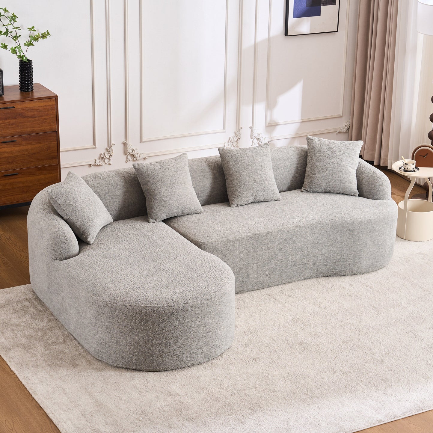 Modern Chenille L-Shaped Modular Sectional Sofa with Curved Chaise and 4 Pillows for Living Room