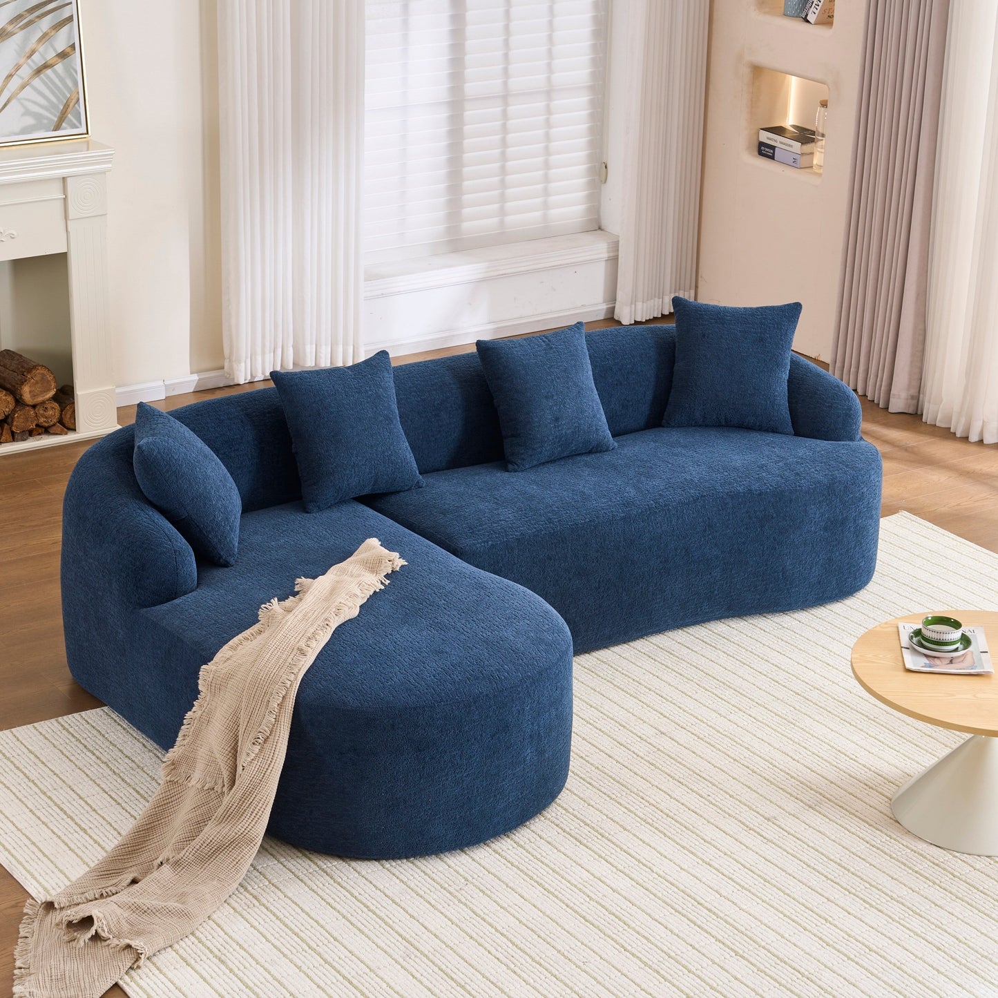 Modern Chenille L-Shaped Modular Sectional Sofa with Curved Chaise and 4 Pillows for Living Room