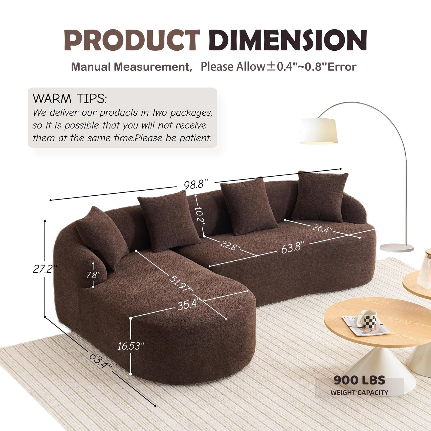 Modern Chenille L-Shaped Modular Sectional Sofa with Curved Chaise and 4 Pillows for Living Room