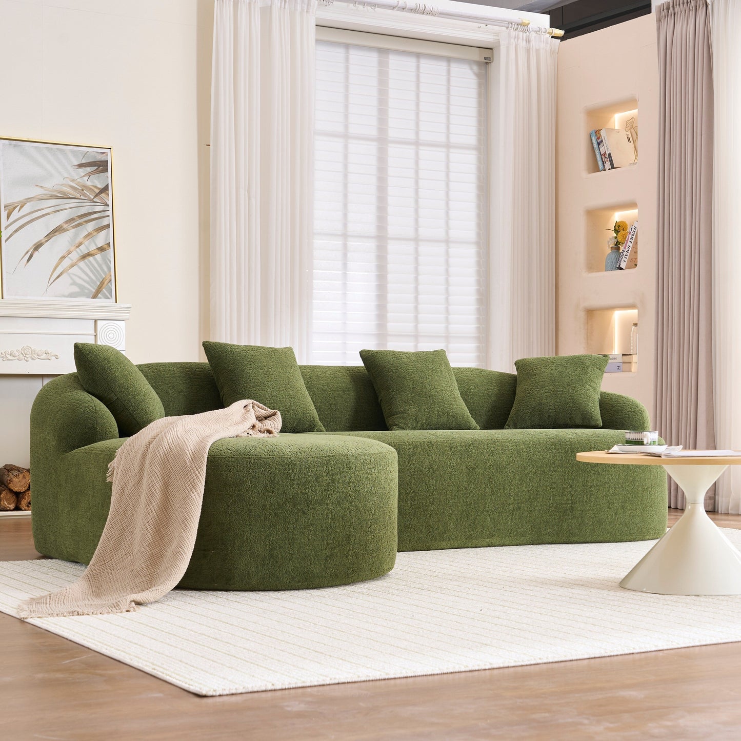 Modern Chenille L-Shaped Modular Sectional Sofa with Curved Chaise and 4 Pillows for Living Room