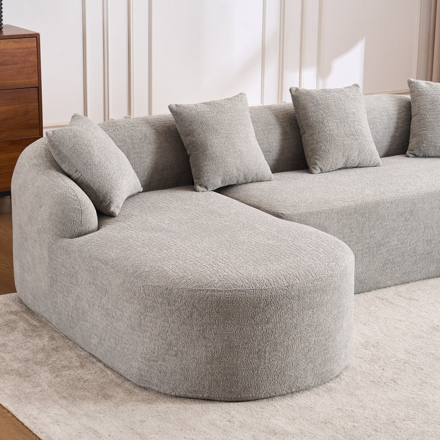 Modern Chenille L-Shaped Modular Sectional Sofa with Curved Chaise and 4 Pillows for Living Room