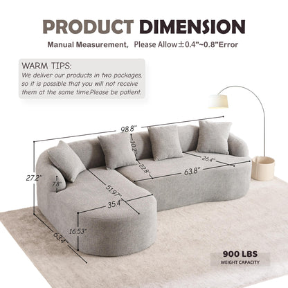 Modern Chenille L-Shaped Modular Sectional Sofa with Curved Chaise and 4 Pillows for Living Room