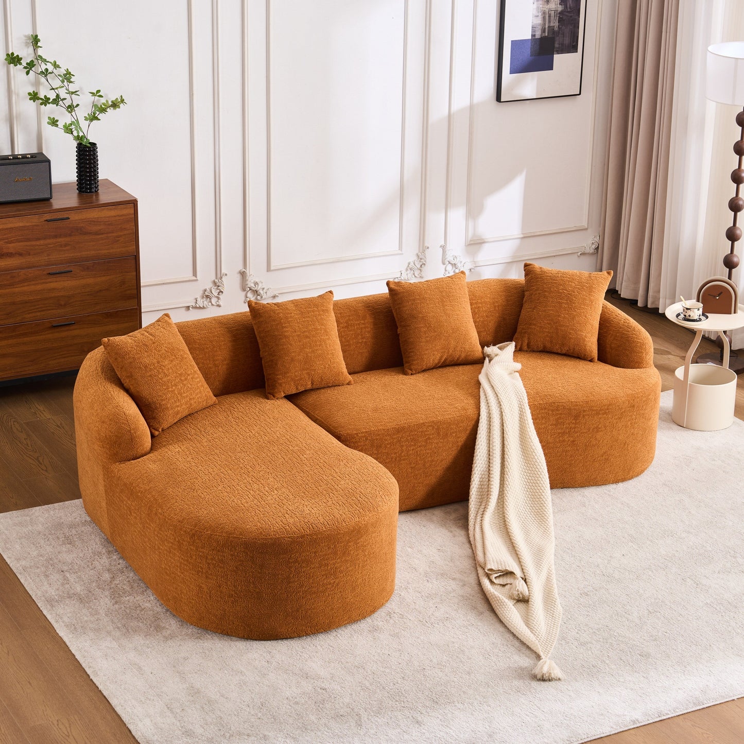 Modern Chenille L-Shaped Modular Sectional Sofa with Curved Chaise and 4 Pillows for Living Room