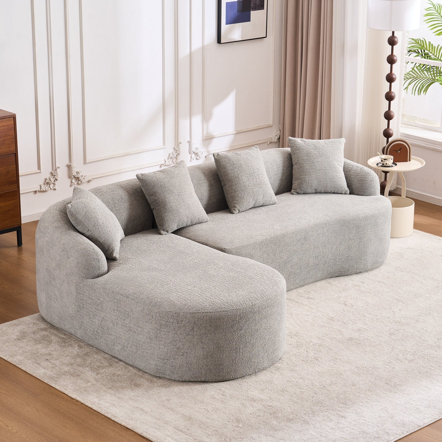 Modern Chenille L-Shaped Modular Sectional Sofa with Curved Chaise and 4 Pillows for Living Room