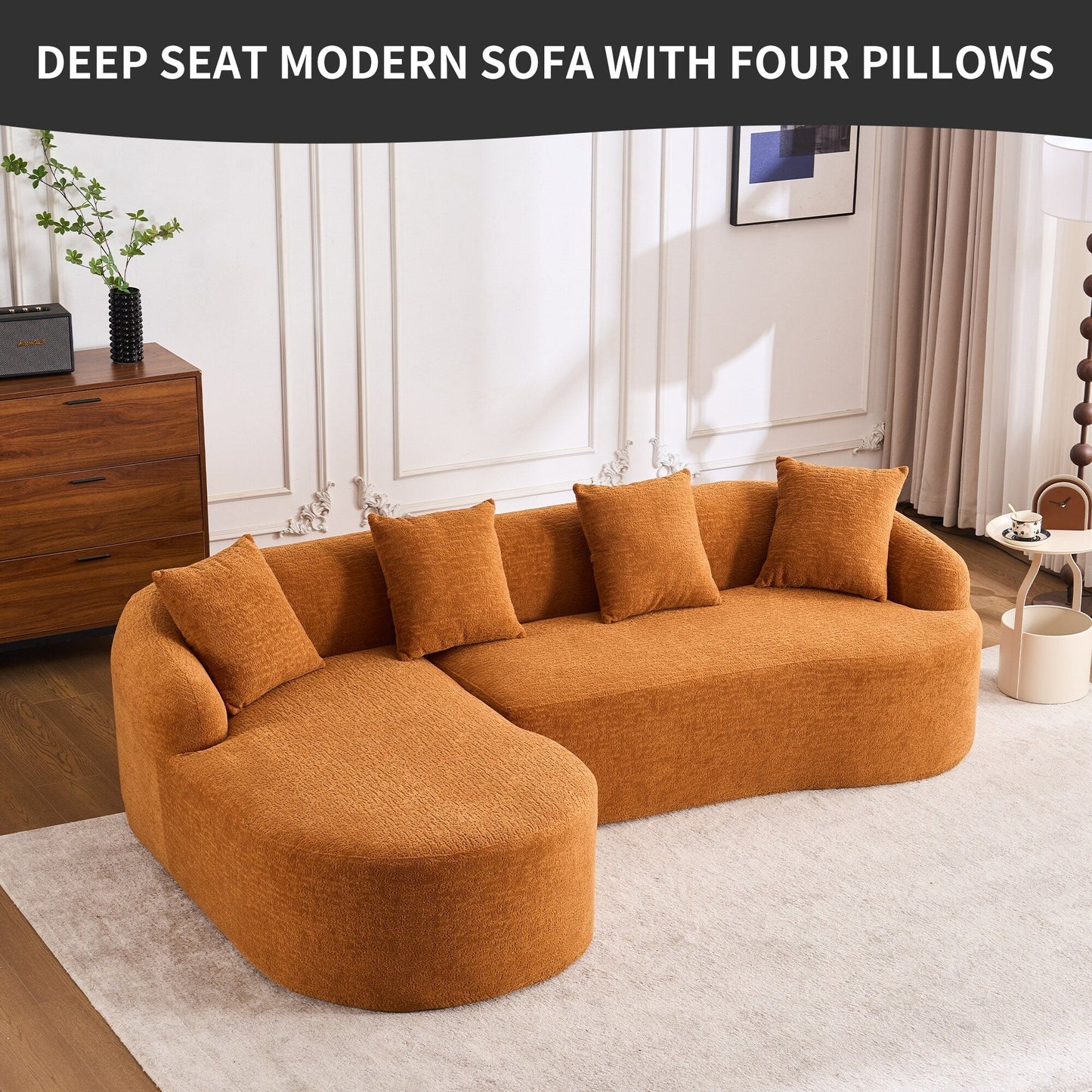 Modern Chenille L-Shaped Modular Sectional Sofa with Curved Chaise and 4 Pillows for Living Room
