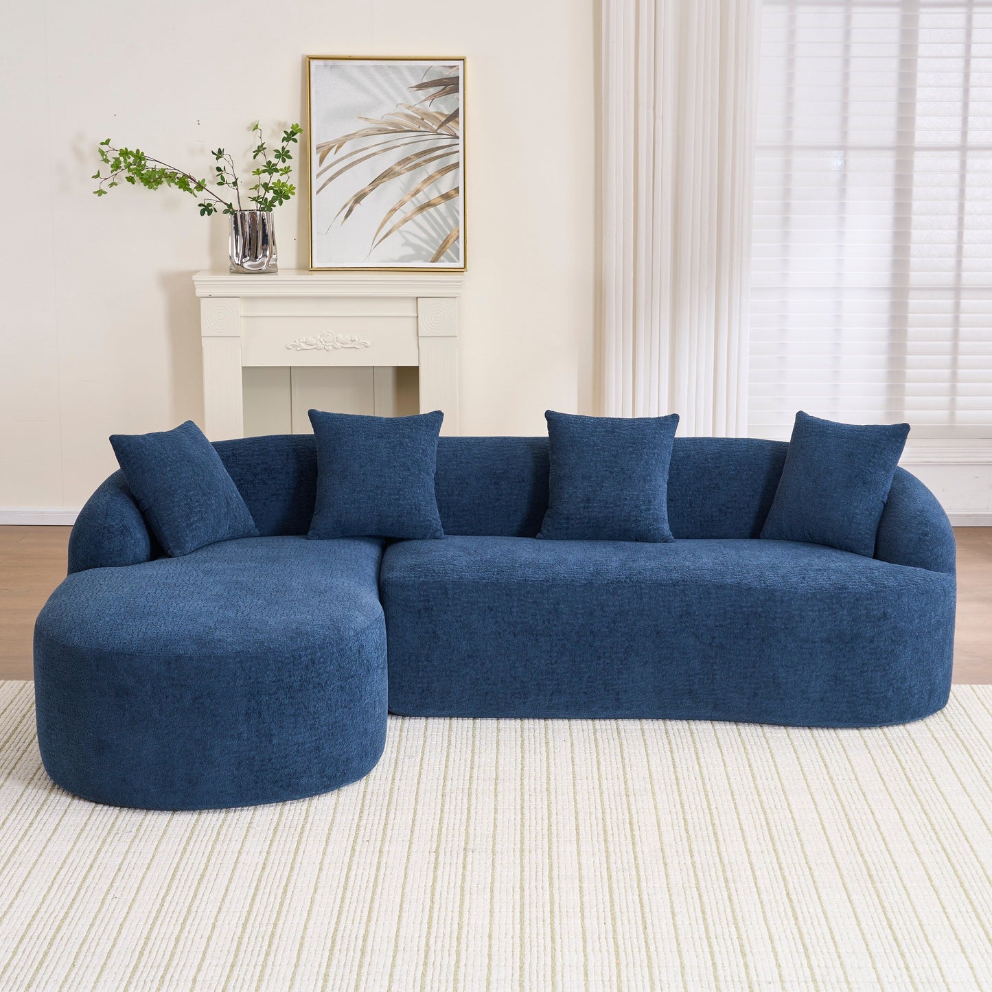 Modern Chenille L-Shaped Modular Sectional Sofa with Curved Chaise and 4 Pillows for Living Room