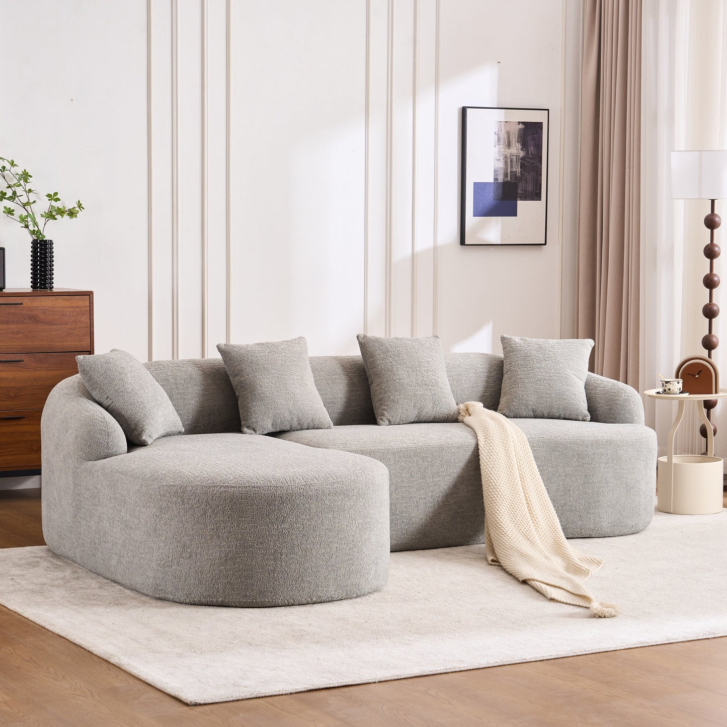 Modern Chenille L-Shaped Modular Sectional Sofa with Curved Chaise and 4 Pillows for Living Room