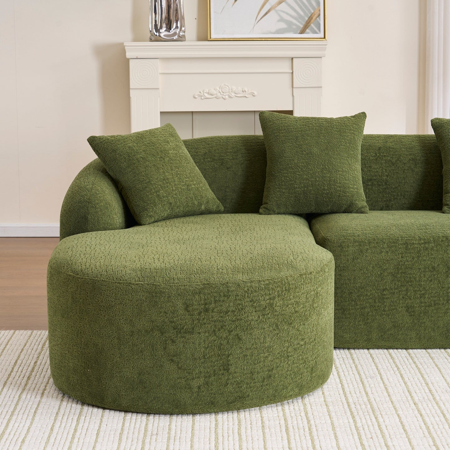 Modern Chenille L-Shaped Modular Sectional Sofa with Curved Chaise and 4 Pillows for Living Room