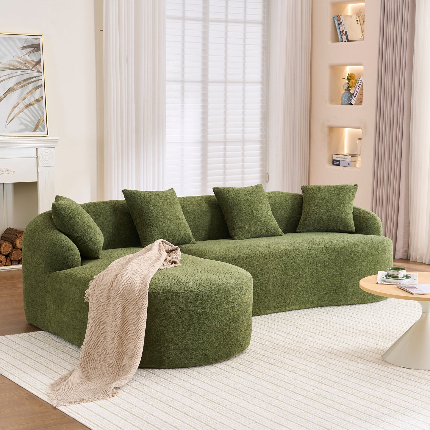 Modern Chenille L-Shaped Modular Sectional Sofa with Curved Chaise and 4 Pillows for Living Room