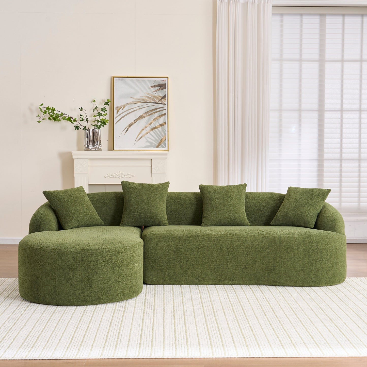Modern Chenille L-Shaped Modular Sectional Sofa with Curved Chaise and 4 Pillows for Living Room