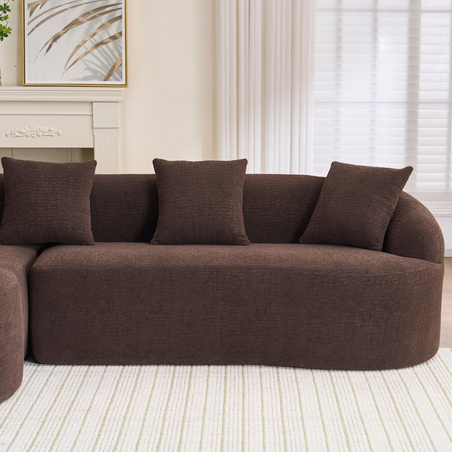 Modern Chenille L-Shaped Modular Sectional Sofa with Curved Chaise and 4 Pillows for Living Room