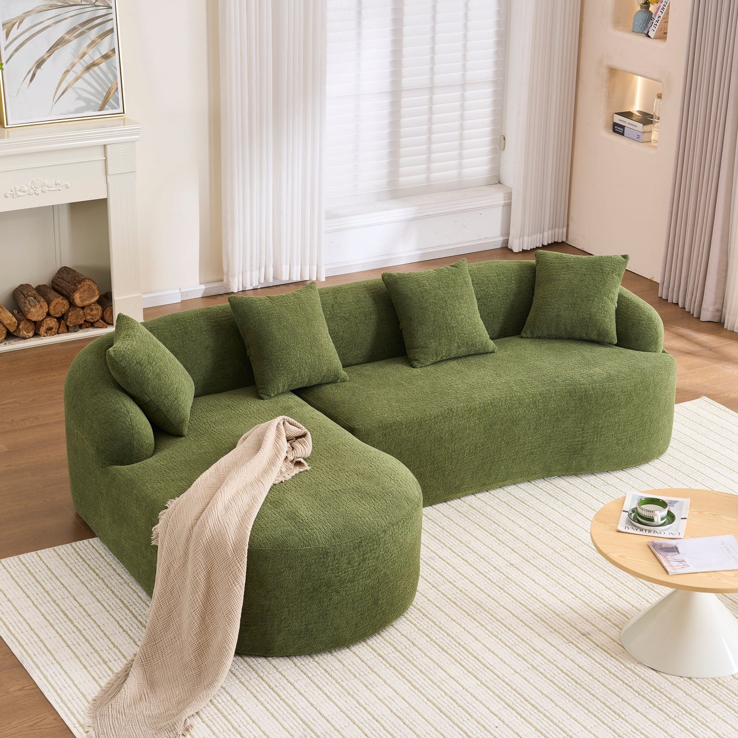 Modern Chenille L-Shaped Modular Sectional Sofa with Curved Chaise and 4 Pillows for Living Room