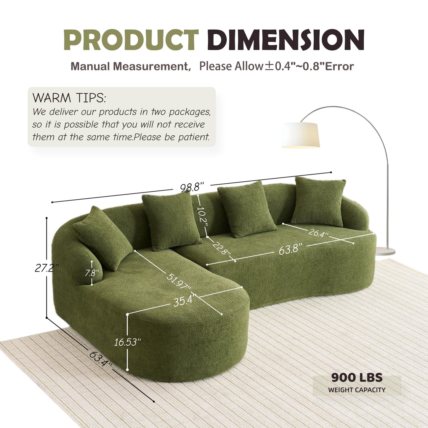 Modern Chenille L-Shaped Modular Sectional Sofa with Curved Chaise and 4 Pillows for Living Room