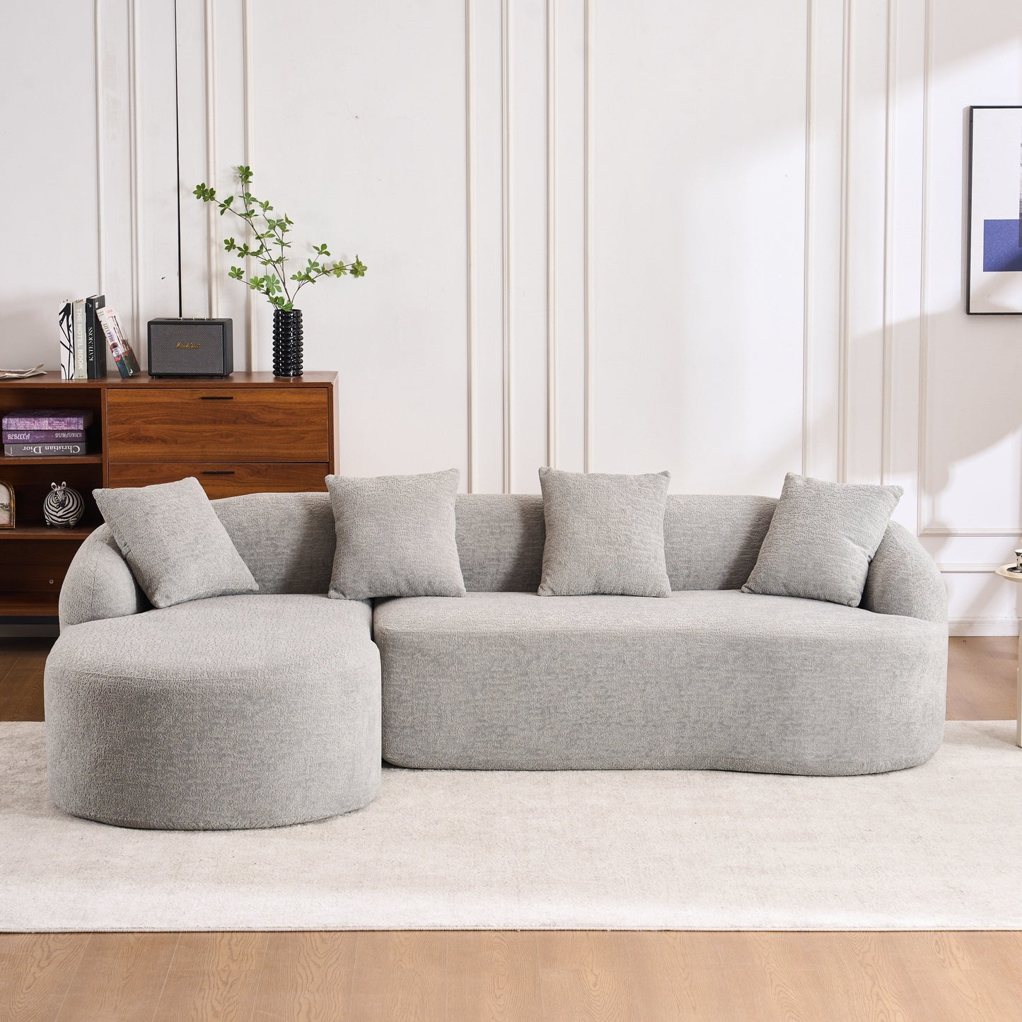 Modern Chenille L-Shaped Modular Sectional Sofa with Curved Chaise and 4 Pillows for Living Room