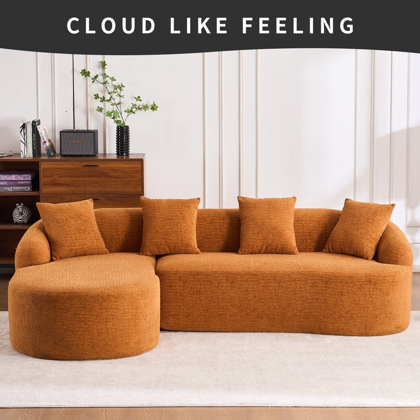 Modern Chenille L-Shaped Modular Sectional Sofa with Curved Chaise and 4 Pillows for Living Room