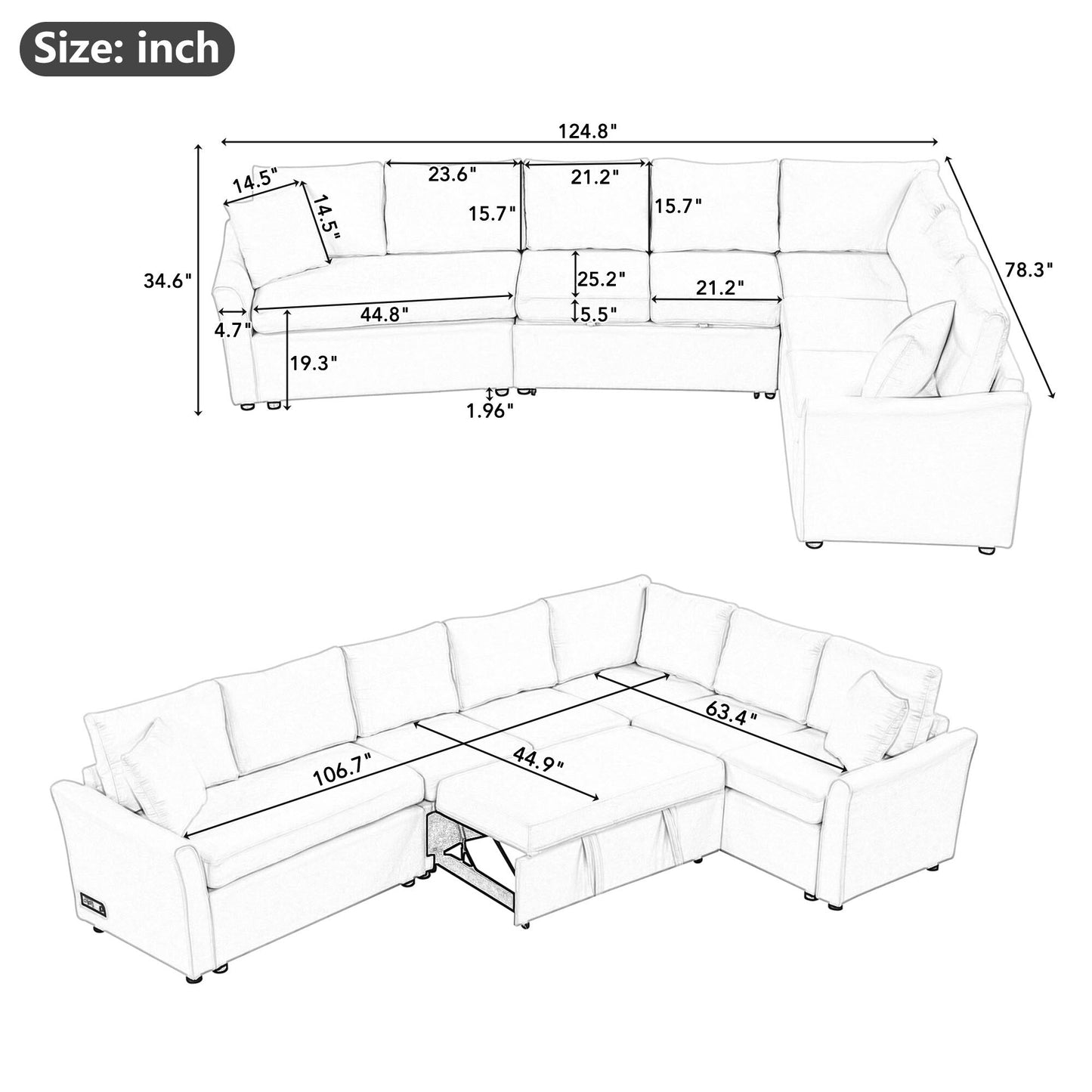 Modern Chenille L-Shaped Sectional Sofa with Pull-Out Bed, USB Charging Ports and Power Outlets for Living Room