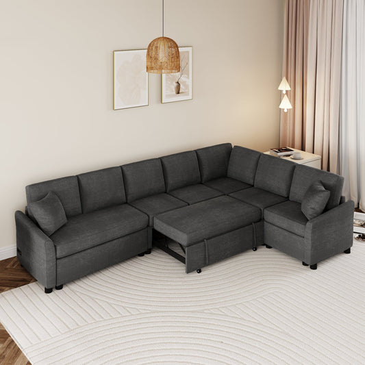 Modern Chenille L-Shaped Sectional Sofa with Pull-Out Bed, USB Charging Ports and Power Outlets for Living Room