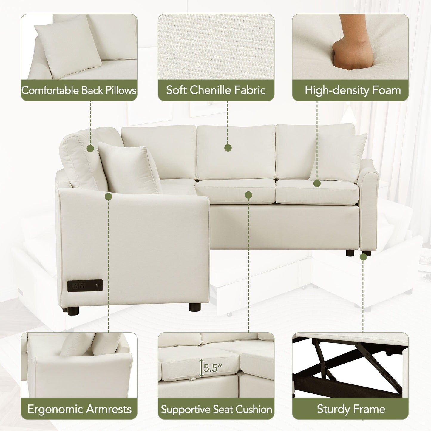 Modern Chenille L-Shaped Sectional Sofa with Pull-Out Bed, USB Charging Ports and Power Outlets for Living Room