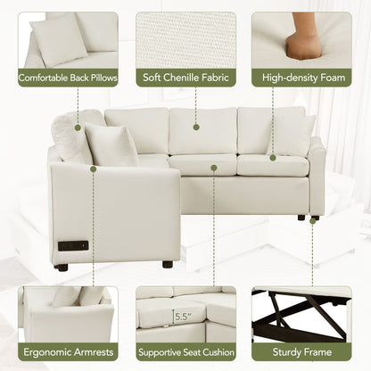 Modern Chenille L-Shaped Sectional Sofa with Pull-Out Bed, USB Charging Ports and Power Outlets for Living Room