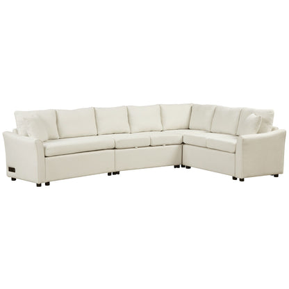 Modern Chenille L-Shaped Sectional Sofa with Pull-Out Bed, USB Charging Ports and Power Outlets for Living Room