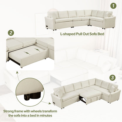 Modern Chenille L-Shaped Sectional Sofa with Pull-Out Bed, USB Charging Ports and Power Outlets for Living Room