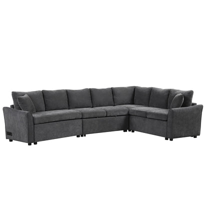 Modern Chenille L-Shaped Sectional Sofa with Pull-Out Bed, USB Charging Ports and Power Outlets for Living Room