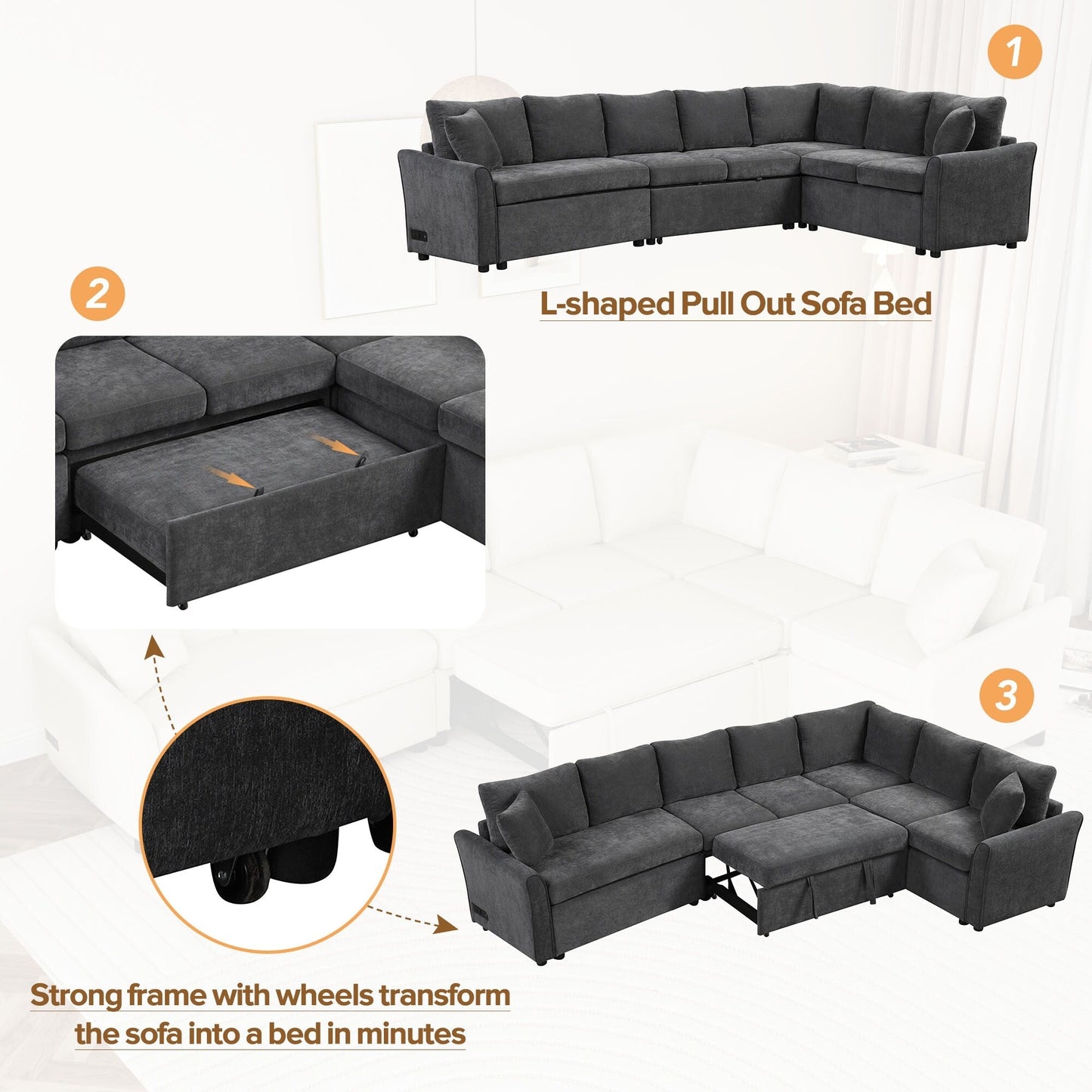 Modern Chenille L-Shaped Sectional Sofa with Pull-Out Bed, USB Charging Ports and Power Outlets for Living Room