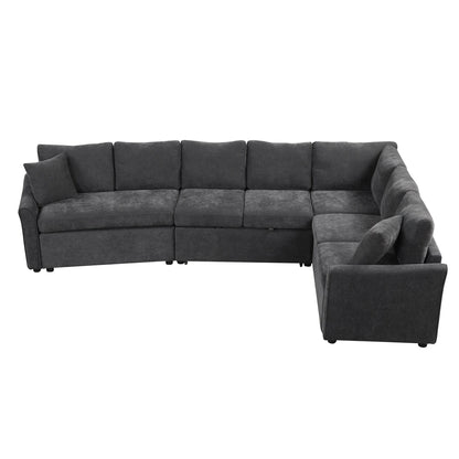 Modern Chenille L-Shaped Sectional Sofa with Pull-Out Bed, USB Charging Ports and Power Outlets for Living Room