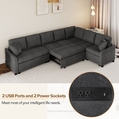Modern Chenille L-Shaped Sectional Sofa with Pull-Out Bed, USB Charging Ports and Power Outlets for Living Room