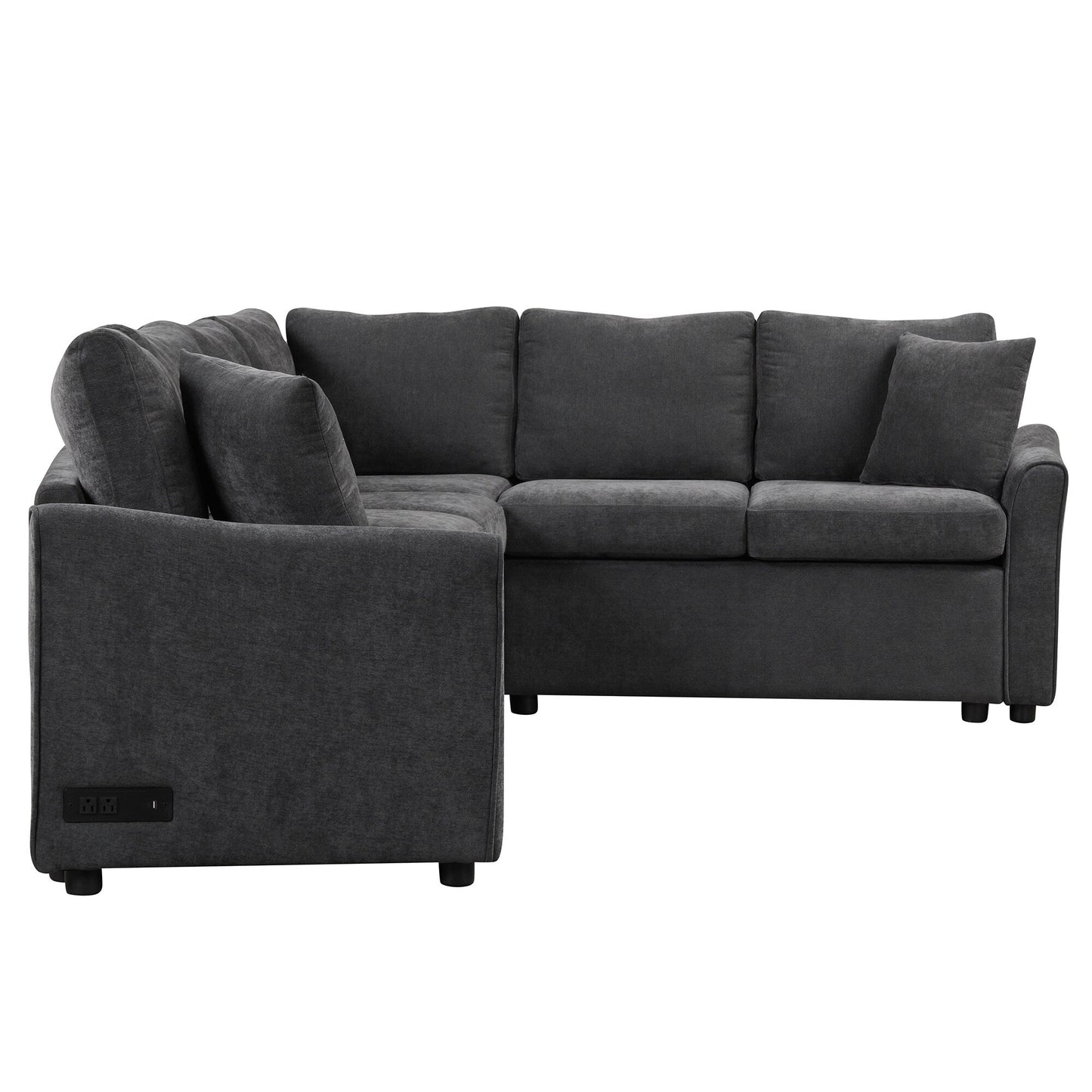 Modern Chenille L-Shaped Sectional Sofa with Pull-Out Bed, USB Charging Ports and Power Outlets for Living Room