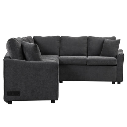 Modern Chenille L-Shaped Sectional Sofa with Pull-Out Bed, USB Charging Ports and Power Outlets for Living Room