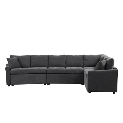 Modern Chenille L-Shaped Sectional Sofa with Pull-Out Bed, USB Charging Ports and Power Outlets for Living Room