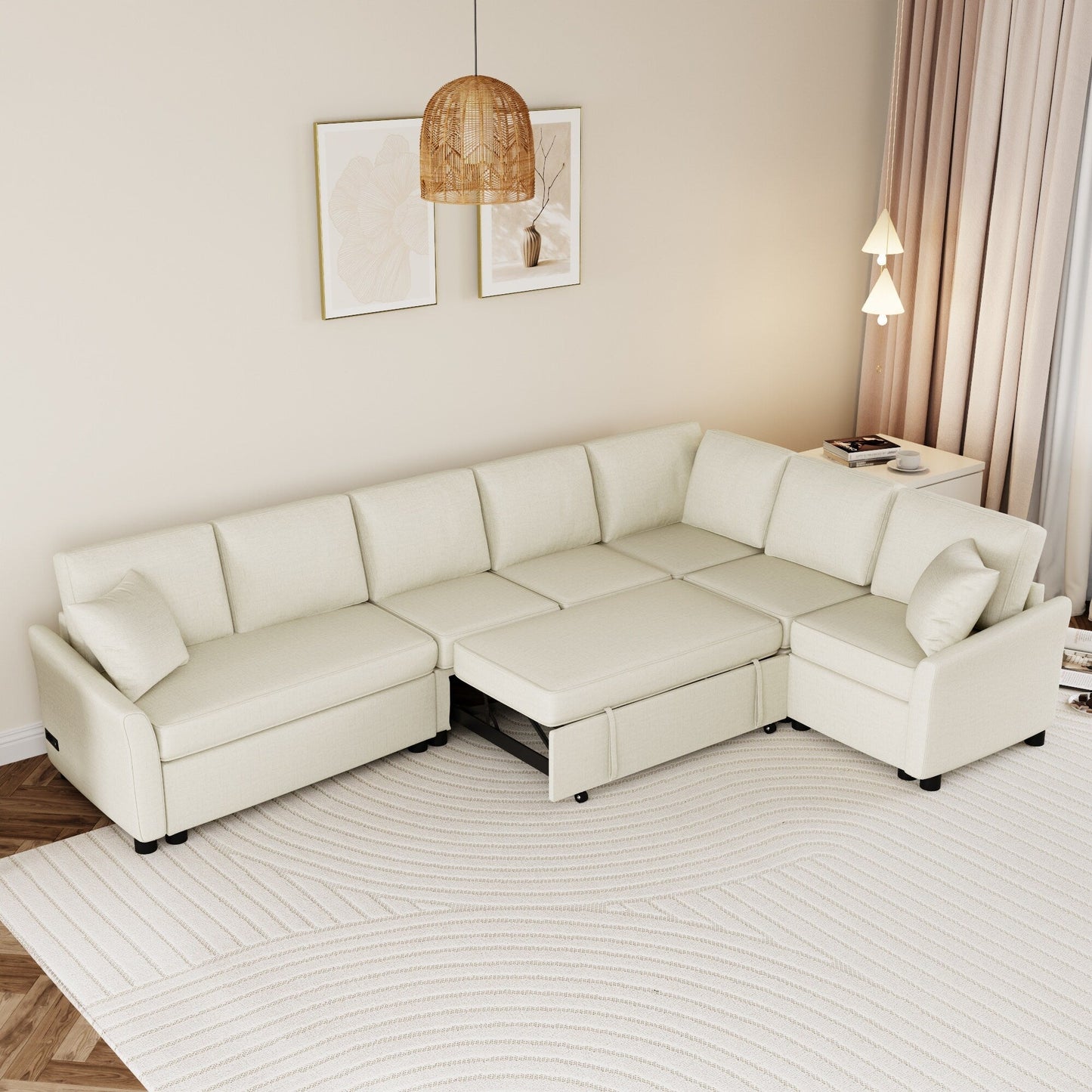 Modern Chenille L-Shaped Sectional Sofa with Pull-Out Bed, USB Charging Ports and Power Outlets for Living Room