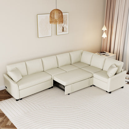 Modern Chenille L-Shaped Sectional Sofa with Pull-Out Bed, USB Charging Ports and Power Outlets for Living Room