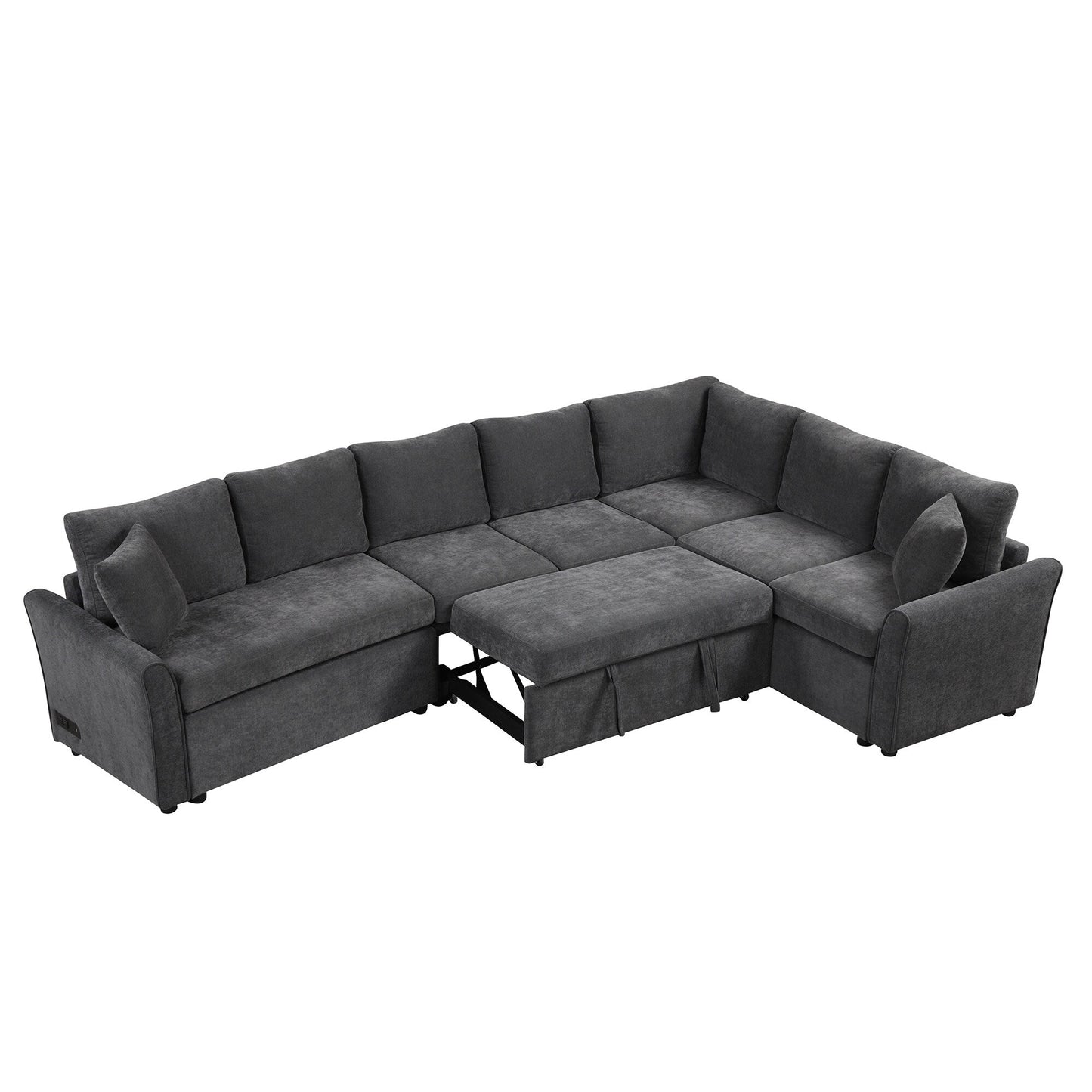 Modern Chenille L-Shaped Sectional Sofa with Pull-Out Bed, USB Charging Ports and Power Outlets for Living Room