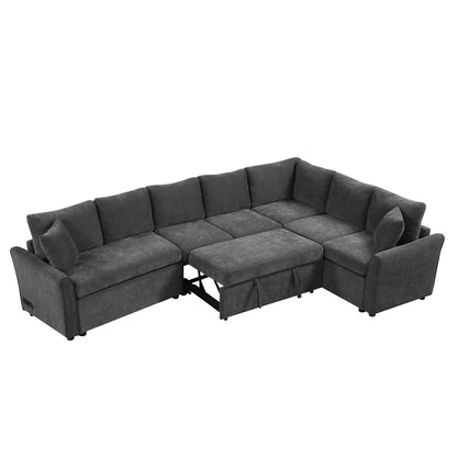 Modern Chenille L-Shaped Sectional Sofa with Pull-Out Bed, USB Charging Ports and Power Outlets for Living Room