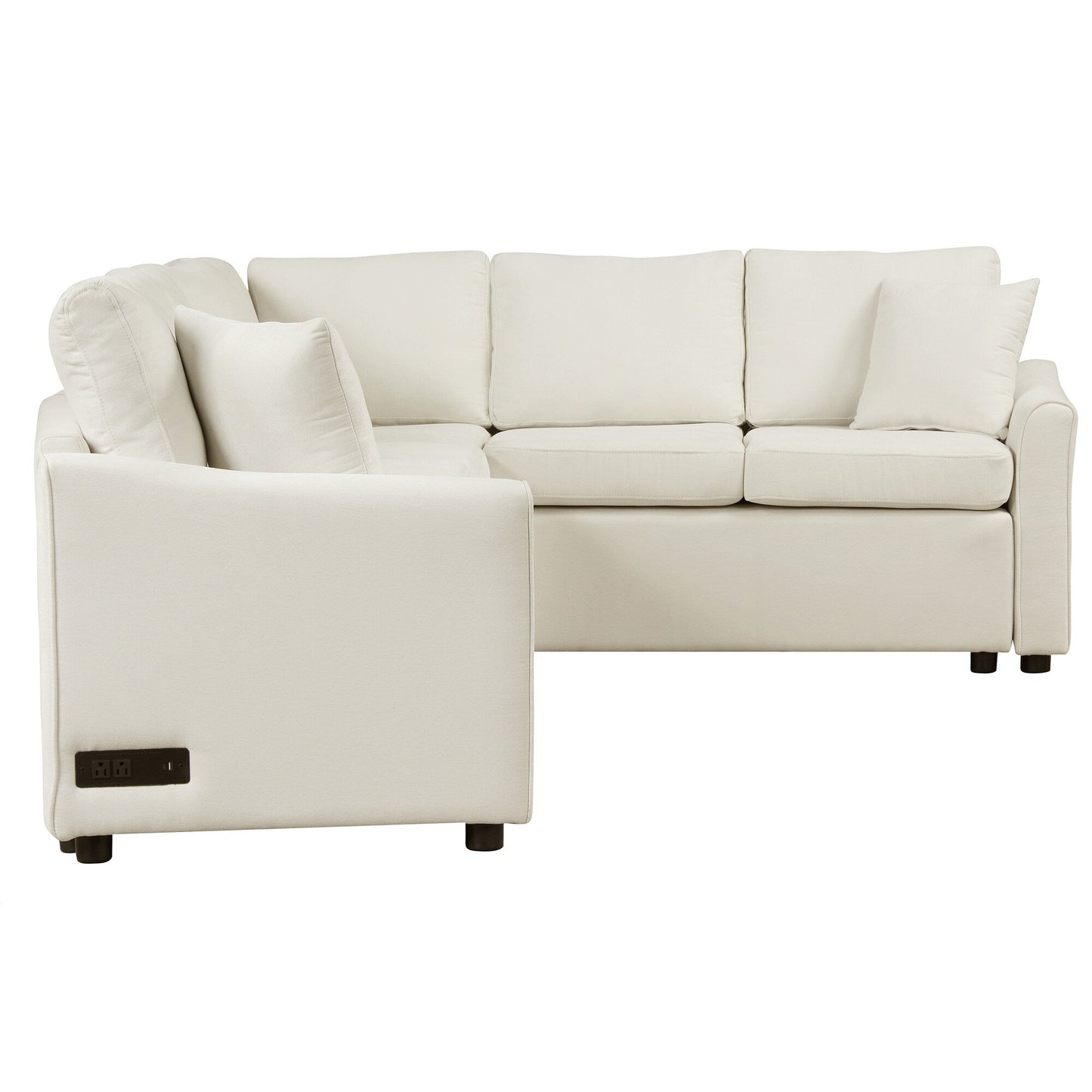 Modern Chenille L-Shaped Sectional Sofa with Pull-Out Bed, USB Charging Ports and Power Outlets for Living Room