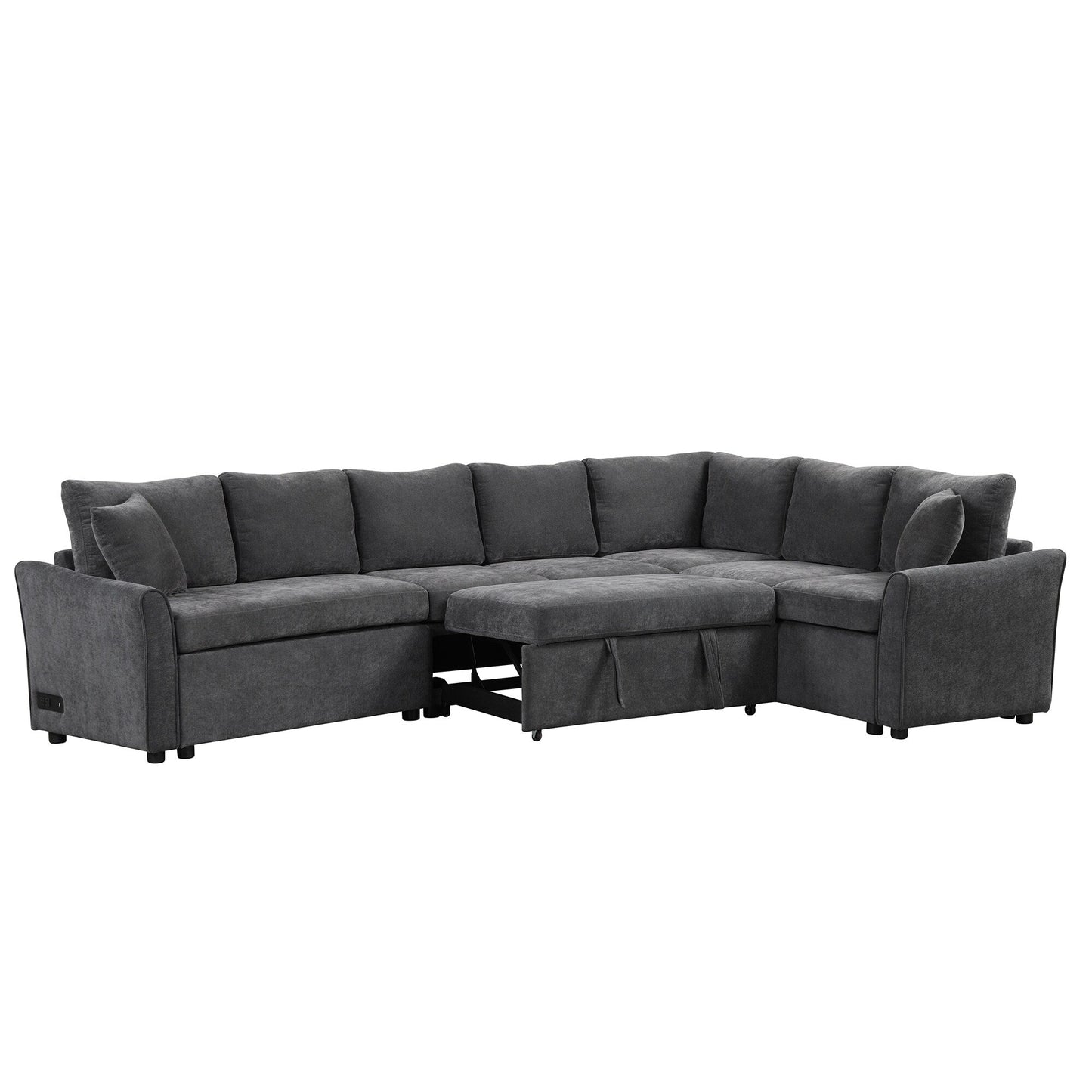 Modern Chenille L-Shaped Sectional Sofa with Pull-Out Bed, USB Charging Ports and Power Outlets for Living Room