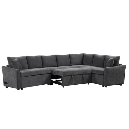 Modern Chenille L-Shaped Sectional Sofa with Pull-Out Bed, USB Charging Ports and Power Outlets for Living Room