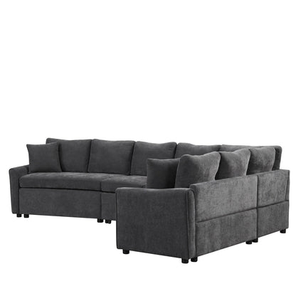 Modern Chenille L-Shaped Sectional Sofa with Pull-Out Bed, USB Charging Ports and Power Outlets for Living Room
