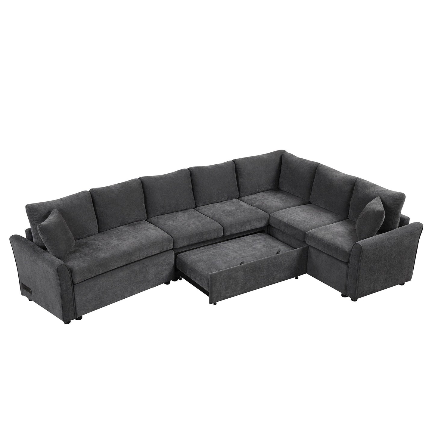 Modern Chenille L-Shaped Sectional Sofa with Pull-Out Bed, USB Charging Ports and Power Outlets for Living Room