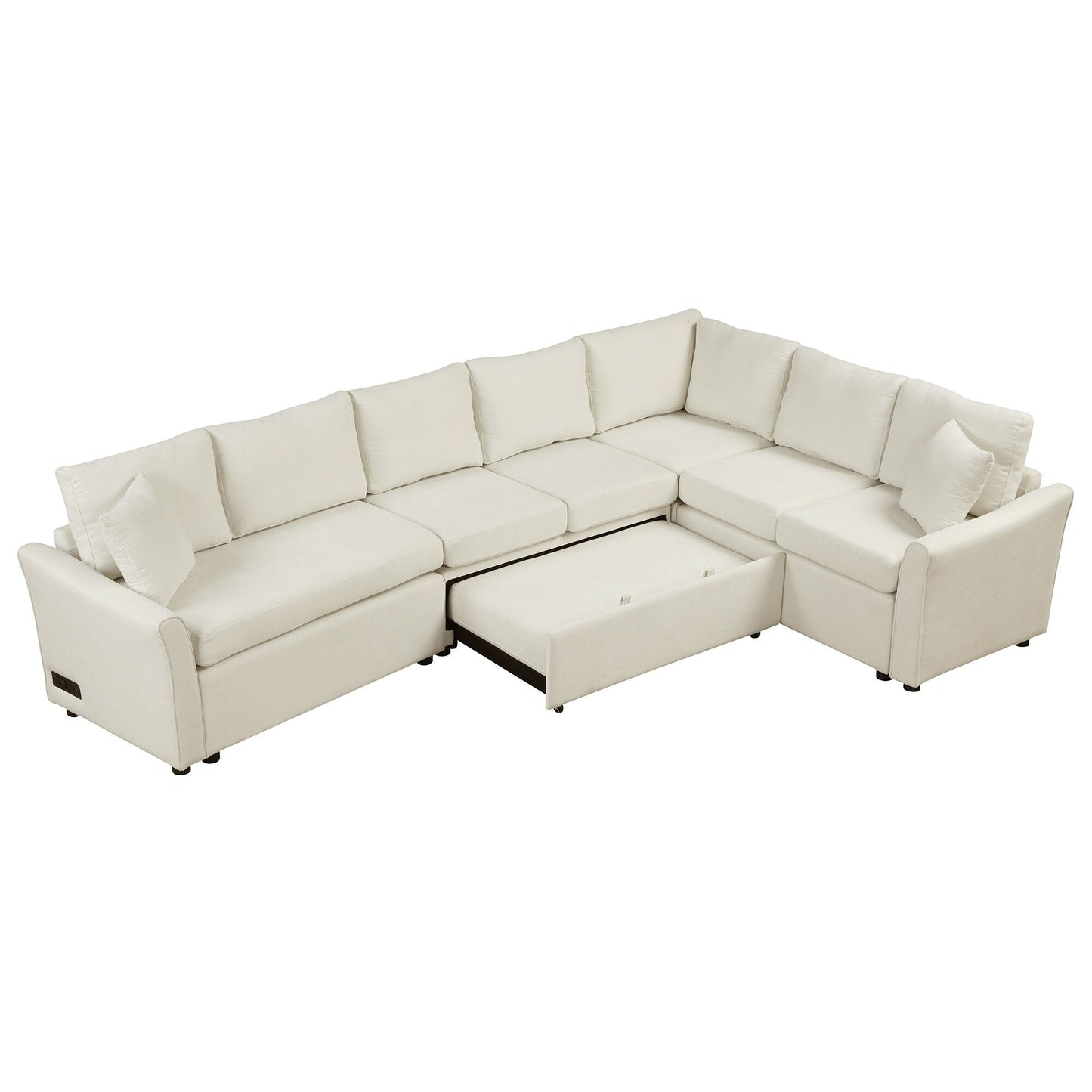 Modern Chenille L-Shaped Sectional Sofa with Pull-Out Bed, USB Charging Ports and Power Outlets for Living Room