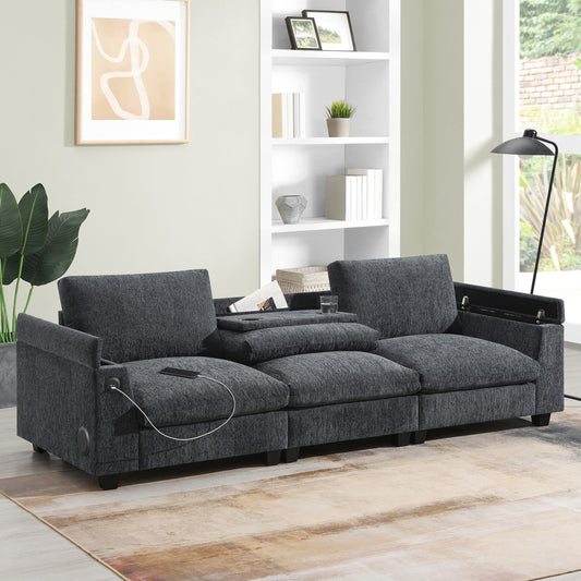 Modern Chenille Sectional Sofa with Fold-Down Table, Bluetooth Speakers, USB Charger, Cup Holders and Hidden Armrest Storage
