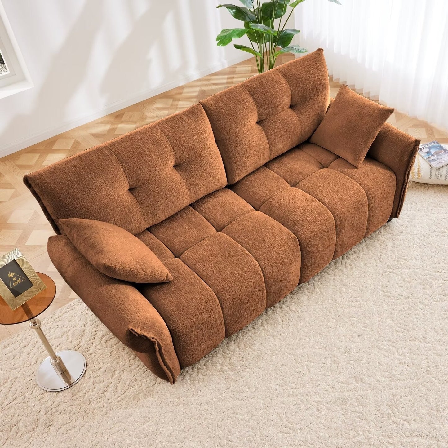 Modern Chenille Sofa, Solid Wood Frame with High Elasticity Cushion