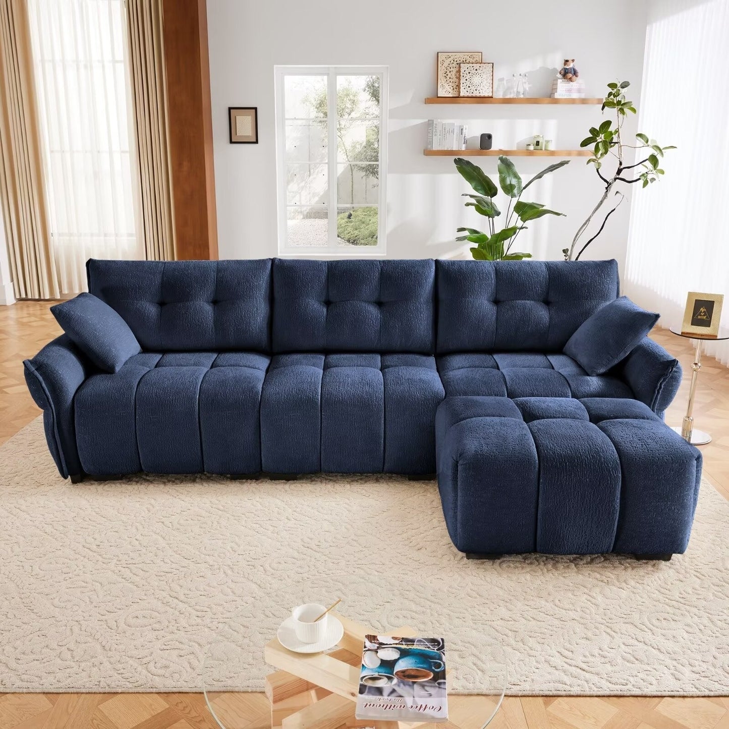 Modern Chenille Sofa, Solid Wood Frame with High Elasticity Cushion