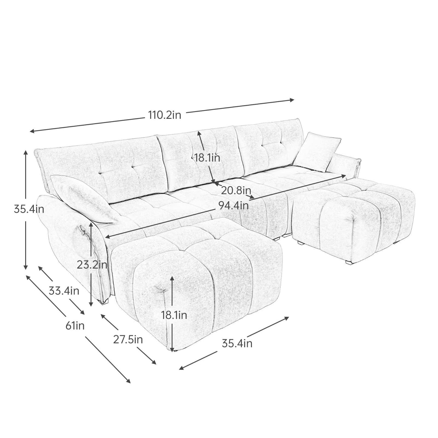 Modern Chenille Sofa, Solid Wood Frame with High Elasticity Cushion