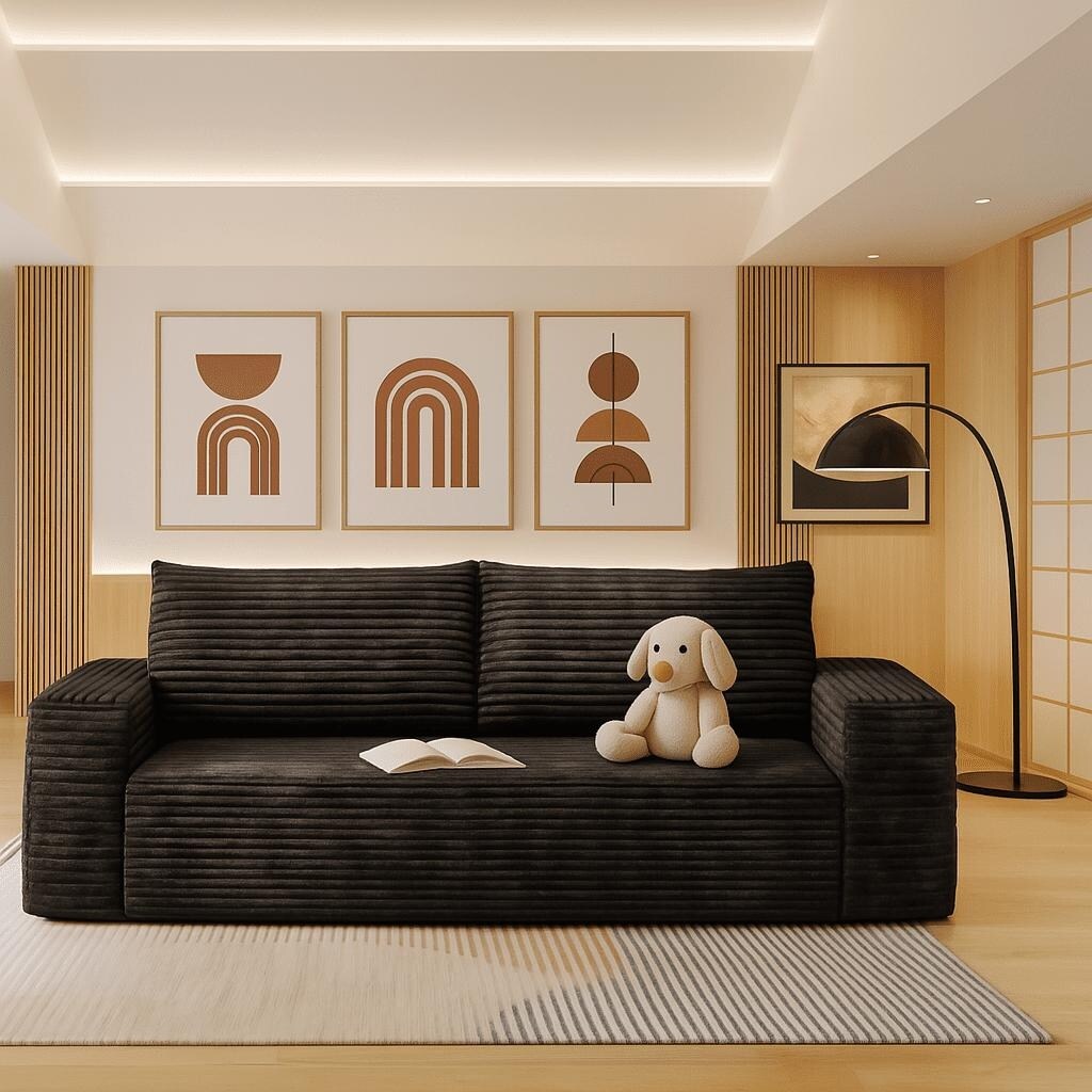 Modern Corduroy Fabric Upholstered Frameless Sofa Couch, For Apartment Living Room Den Entertainment Room