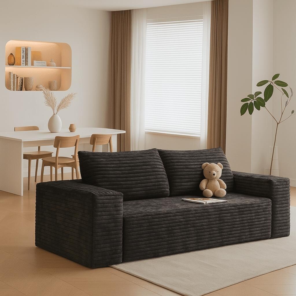 Modern Corduroy Fabric Upholstered Frameless Sofa Couch, For Apartment Living Room Den Entertainment Room